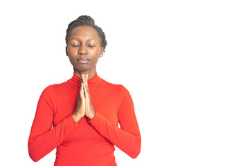 Young african woman holding hands together in a prayer position. Isolated white background