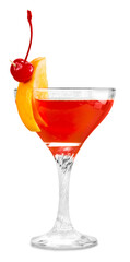 Red cocktail with orange and maraschino cherry garnish front view