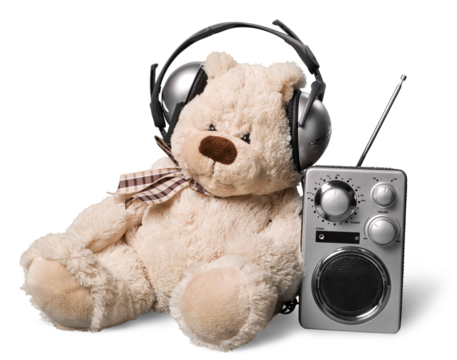 Teddy dear in headphones and radio isolated on white - Powered by Adobe
