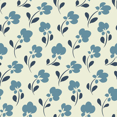 Seamless floral pattern, cute ditsy print painted in folk, rustic style. Pretty flower background with small hand drawn plants: blue flowers, leaves on tiny twigs. Vector botanical illustration.