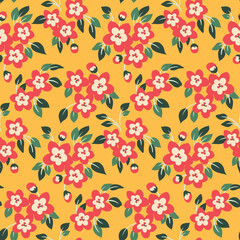 Seamless floral pattern, cute ditsy print with small red flowers in an abstract arrangement on a yellow background. Pretty summer flower design of small flowers, leaves. Vector botanical illustration.