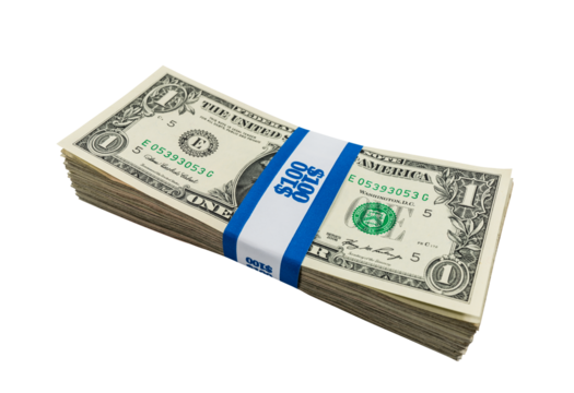 Pack of one dollar bills wrapped with $100 paper currency strap isolated.