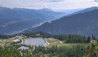 View of Rieteralm , Riteralm lake and the surroundings as seen from Gasselhohe summit (2001 m),...