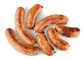 Tasty roasted sausages isolated on white background