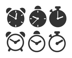 Collection of time, clock, alarm clock and stopwatch black line art and silhouette icon design isolated on white background