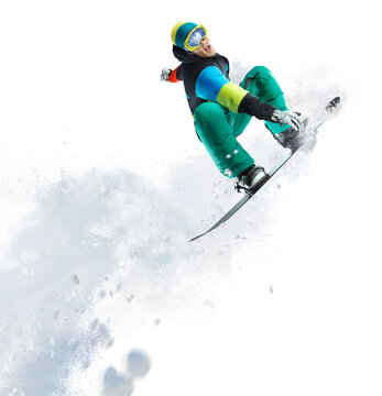 Snowboarder jumping through air with isolated background. Winter Sport transparent background.