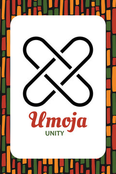 Seven principles of Kwanzaa card. Symbol Umoja means Unity. African heritage educational poster design