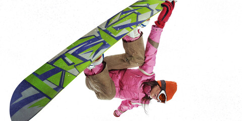 Snowboarder girl jumping through air with isolated background. Winter Sport transparent background.