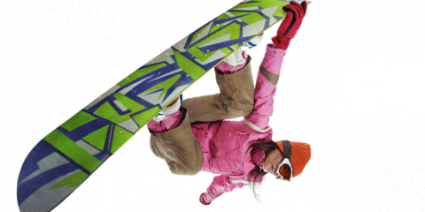 Snowboarder girl jumping through air with isolated background. Winter Sport transparent background.