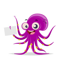 funny cartoon octopus holding a blank sign