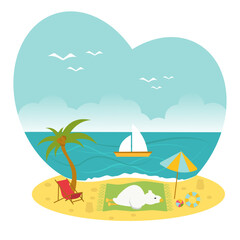 Fototapeta na wymiar Illustration in flat style. Summer background with a view of the beach, sand, starfish, palm trees. Goose resting on the beach.