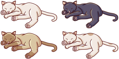 Gato blanco, gato siamés y gato negro tomando una siesta