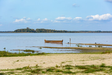 Svitiaz Lake, Shatsk National Natural Park, Volyn region, Ukraine. The Shatskyi Lakes group. Beach by the lake.