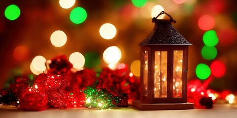 Fototapeta na wymiar AI Image - Stylized/Fantasy Christmas Lantern on a table with Christmas decorations on the background