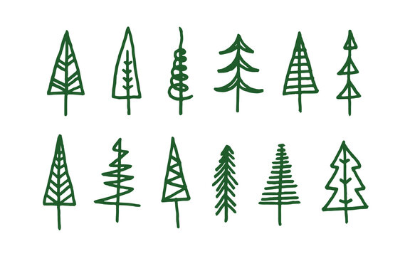 Set of hand drawn christmas tree elements in doodle style vector illustration