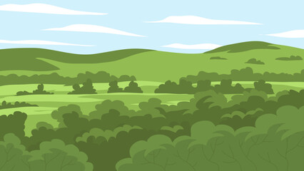 Summer landscape of nature. Panorama with green forests, hill, fields and blue sky. Rural scener. Flat vector illustration for background