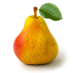 pear on a white background. Pear with a leaf close-up