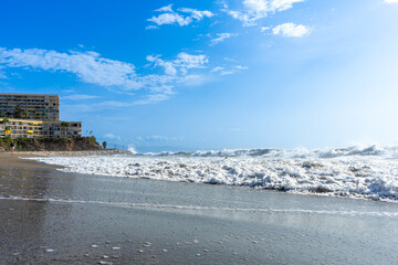 Waves on Mediterranean sea on the beach, Costa del Sol, Spain - obrazy, fototapety, plakaty