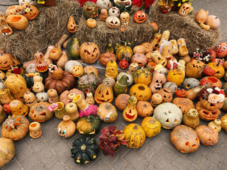 Autumn Pumpkin Festival. Exhibition of decorated pumpkins for All Saints Day Halloween in the park