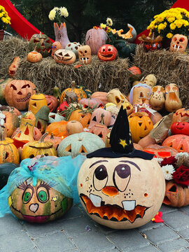 Autumn Pumpkin Festival. Exhibition of decorated pumpkins for All Saints Day Halloween in the park