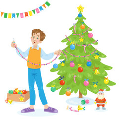 Obraz na płótnie Canvas Young man decorates a Christmas tree. In cartoon style. Isolated on white background. Vector illustration.