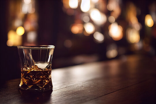 glass of scotch whiskey with ice cubes on a rustic wooden table, copy space in blurred background