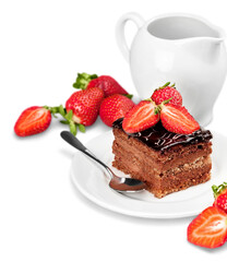 Piece of cake with chocolate creame isolated on white