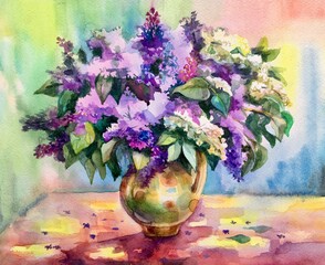 Vase with fresh lilac flowers. Watercolor bouquet.