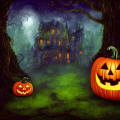 An Illustration of an old haunted house and a pumpkin jack-o'-lantern in front of it surrounded many by trees in a dark forest