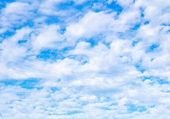 White cumulus clouds against  blue sky. Atmospheric phenomena.