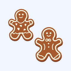 Gingerbread classic decorated cookie. New year cookies. Holiday winter symbols.Gingerbread man.  New Year's Eve gingerbread in the shape of a man. White isolated background. Vector themed illustration