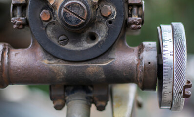 Rear view of the sight BM-21 Grad, 9K51. Multiple launch rocket system of 122 mm caliber. A device for navigating the coordinates of an artillery installation from 40 tubular rails in four rows.