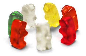 Childhood and jelly bears candies isolated on white background