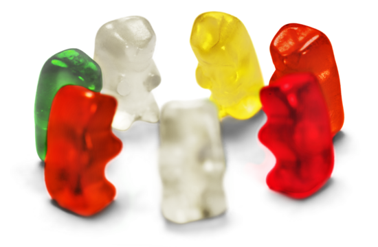 Childhood and jelly bears candies isolated on white background