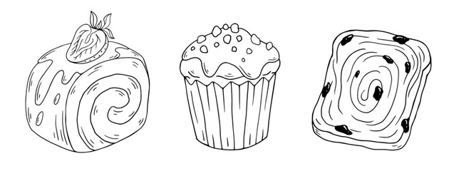 Set of line sketches of sweet pastries, biscuit roll, cupcake and muffin. Vector graphics.