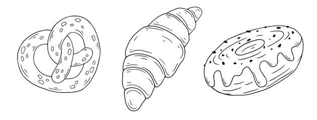 Set of line sketches of sweet pastry, croissant, pretzel and donut. Vector graphics.
