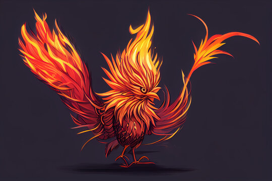 Phoenix fire bird character. Fantasy magic creature with red burning plumage. 