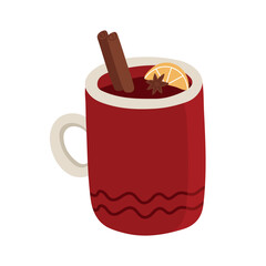 Vector hand drawn illustration of a cup with mulled wine, cinnamon and a slice of orange. Ingredients for mulled wine. Design greeting cards, posters, gift wrapping.