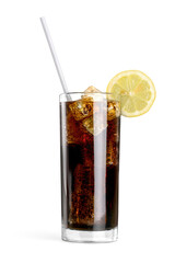 Cola in glass with ice on white background