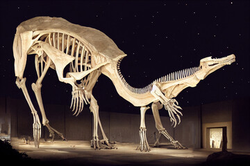 Night paleontology museum with dinosaur skeleton. Archeology exhibit.