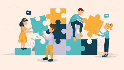 A teamwork vector about collaboration and coworking. Young employees represent teamwork with the puzzle.