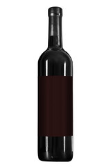 A vertical close-up of a dark glass wine bottle with a blank, rectangular brown label, isolated on a white background