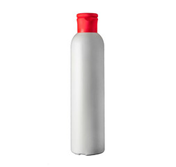 white plastic cosmetics bottle with red cap, mockup, isolated