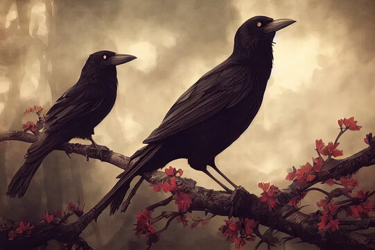 Birds, crows, raven, dark aesthetics, art illustration 