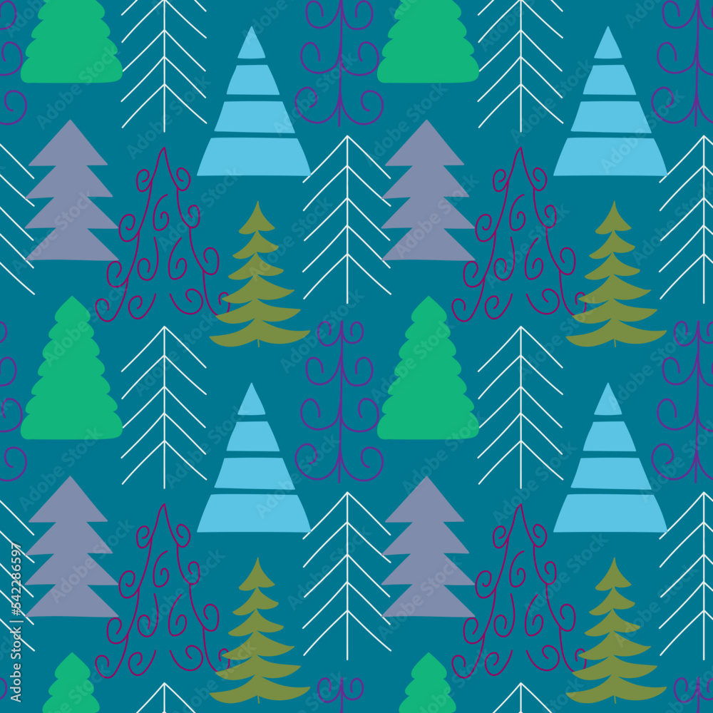 Wall mural fir trees seamless pattern in blue and green colours. christmas and new year background.