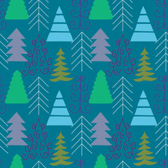 Fir trees seamless pattern in blue and green colours. Christmas and New Year background.