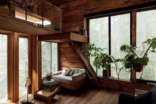 Cozy mountain wooden cabin cozy interior with second floor