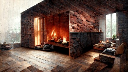 Fototapeta na wymiar Cozy wooden mountain cabin interior from outside 