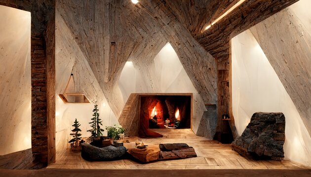 Cozy and rustic  wooden mountain cabin interior