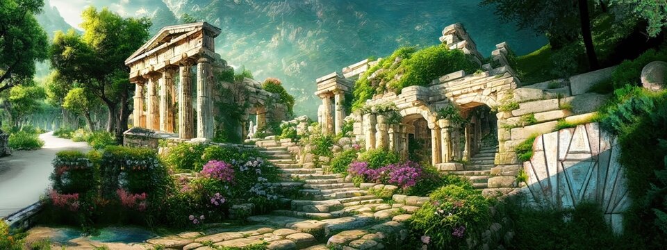 Wide panoramic view of ancient Greek architecture with a colonnade of corinthian columns overgrown by vegetation. Scenic cobblestone path, white stone coastal fantasy city in antique Greece.